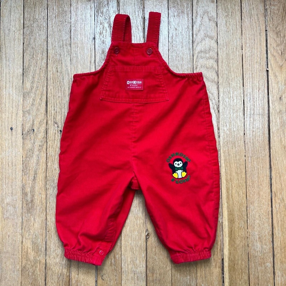 Rare 80s Vintage OshKosh B'gosh Red Corduroy Overalls Penguin Baby Size 12 Month